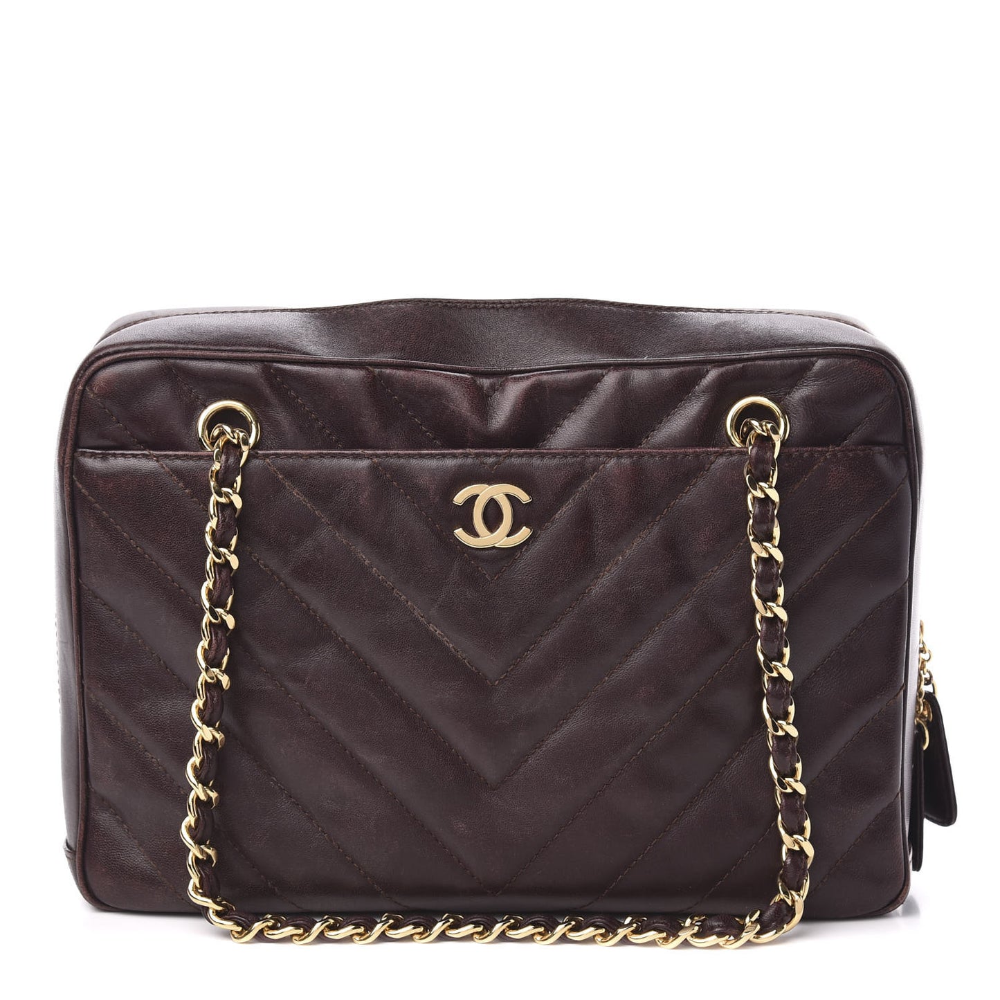 Lambskin Chevron Quilted Camera Case Brown