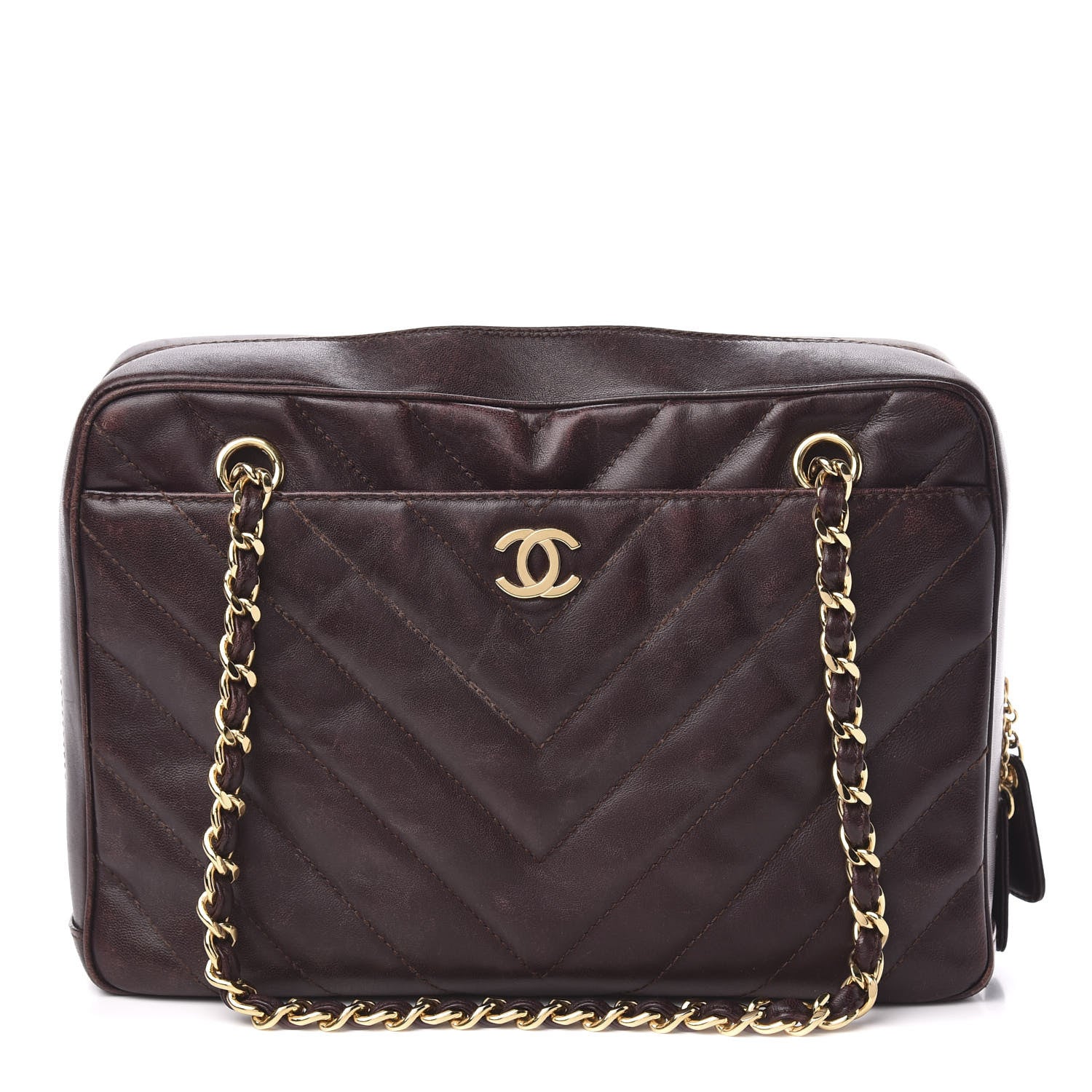 Chanel Lambskin Chevron Quilted Camera Case Brown 1 of 16