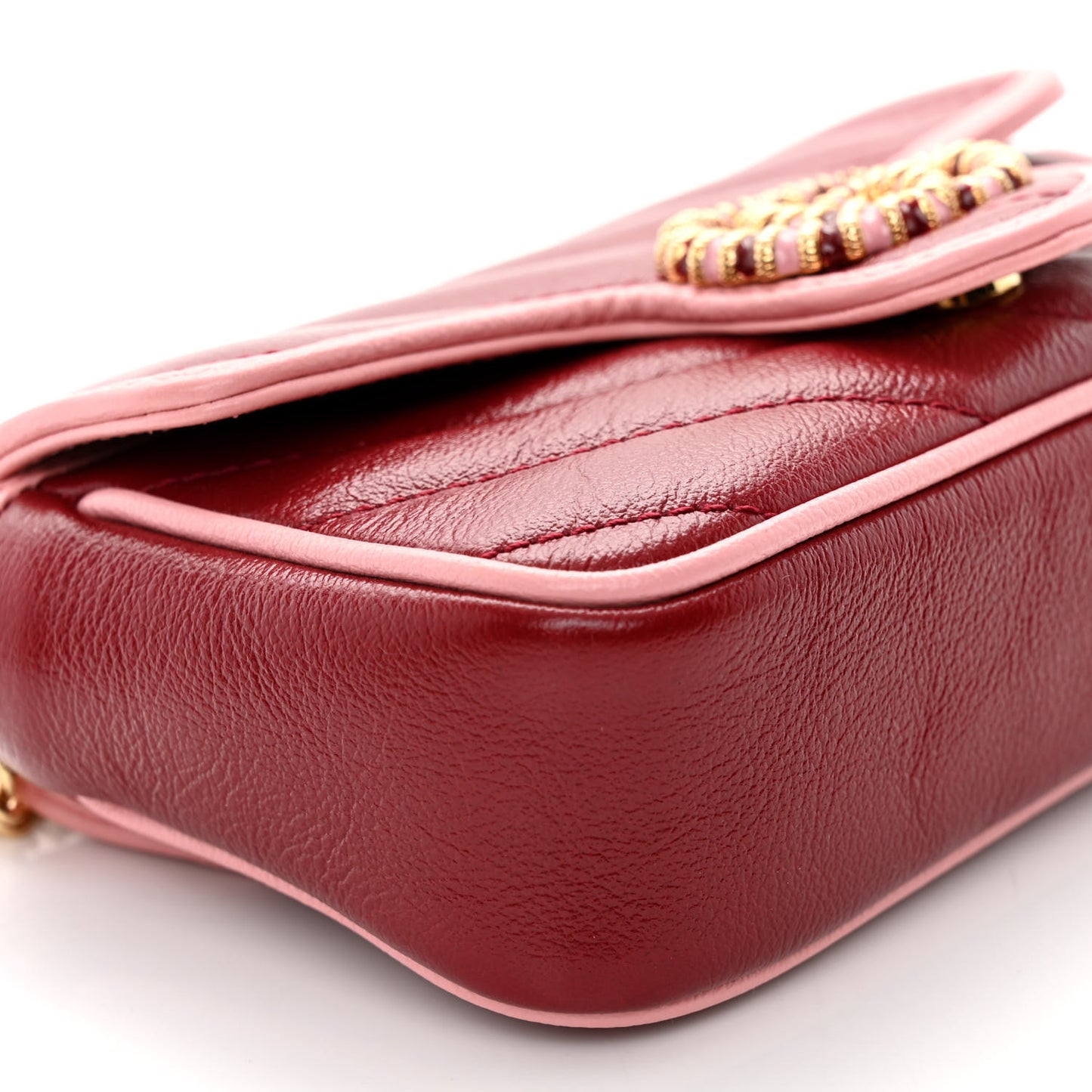 Azalea Calfskin Enamel Matelasse Diagonal Super Mini Torchon GG Marmont Shoulder Bag New Cherry Red Wild Rose
