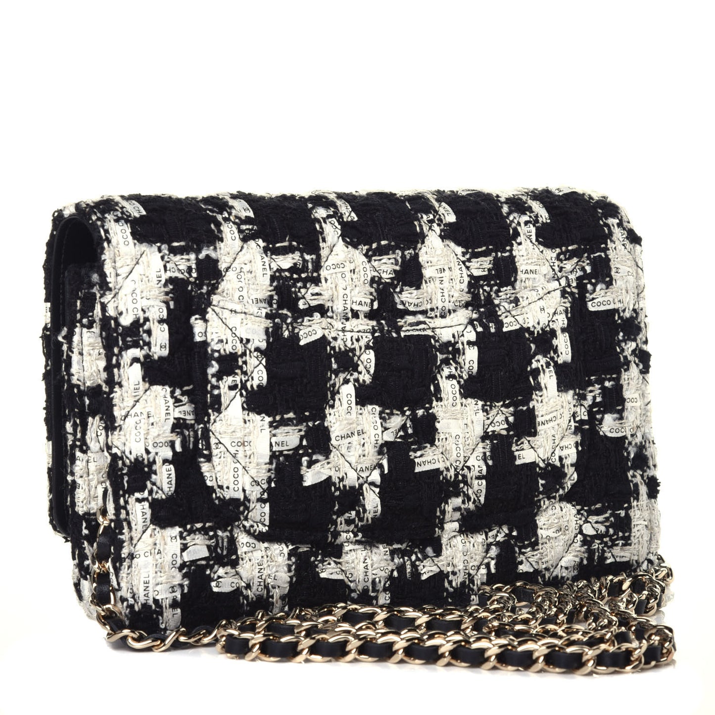 Tweed Quilted Wallet On Chain WOC Black Ecru White