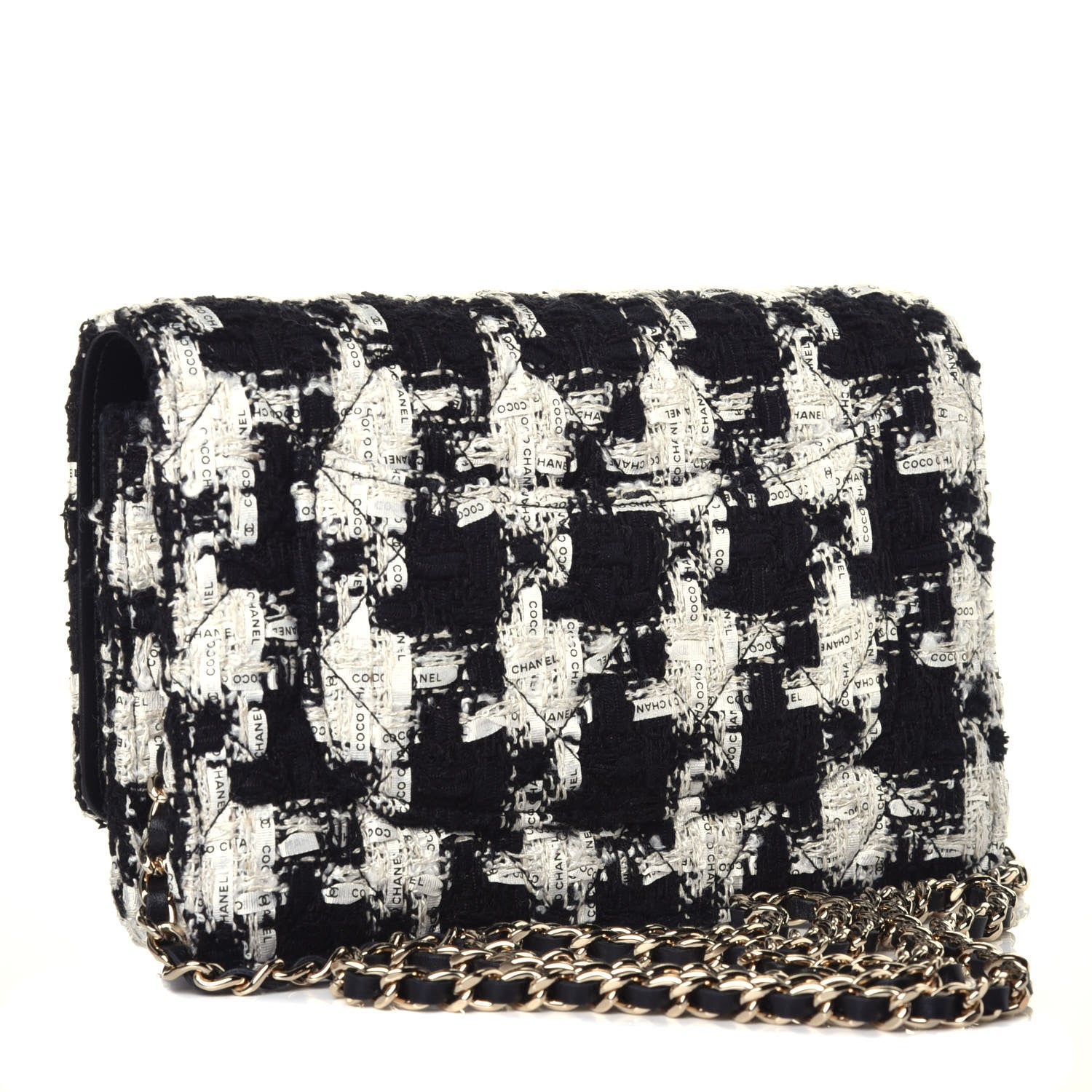 Chanel Tweed Quilted Wallet On Chain WOC Black Ecru White 3 of 10