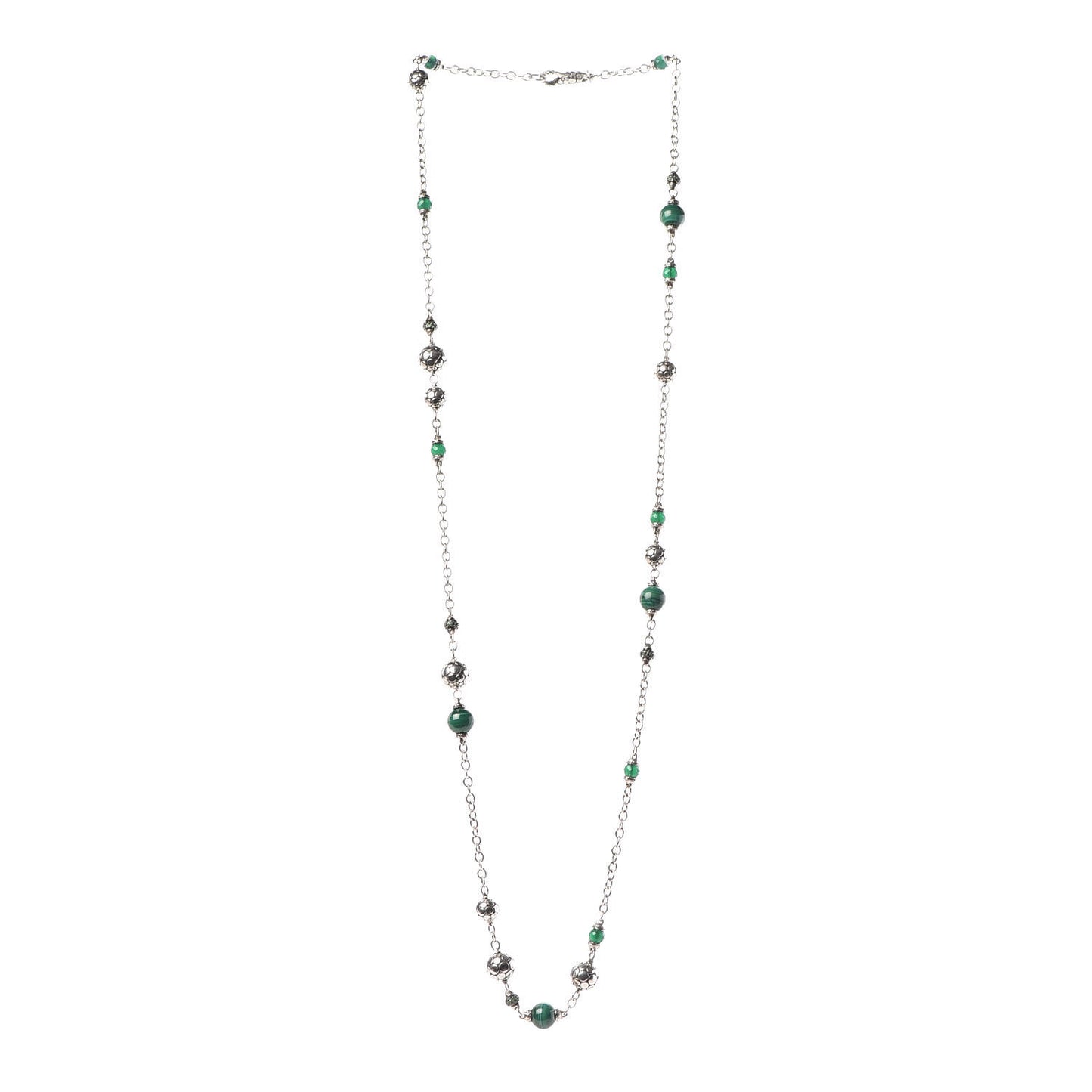 Sterling Silver Malachite Green Onyx Tsavorite Batu Dot Station Necklace