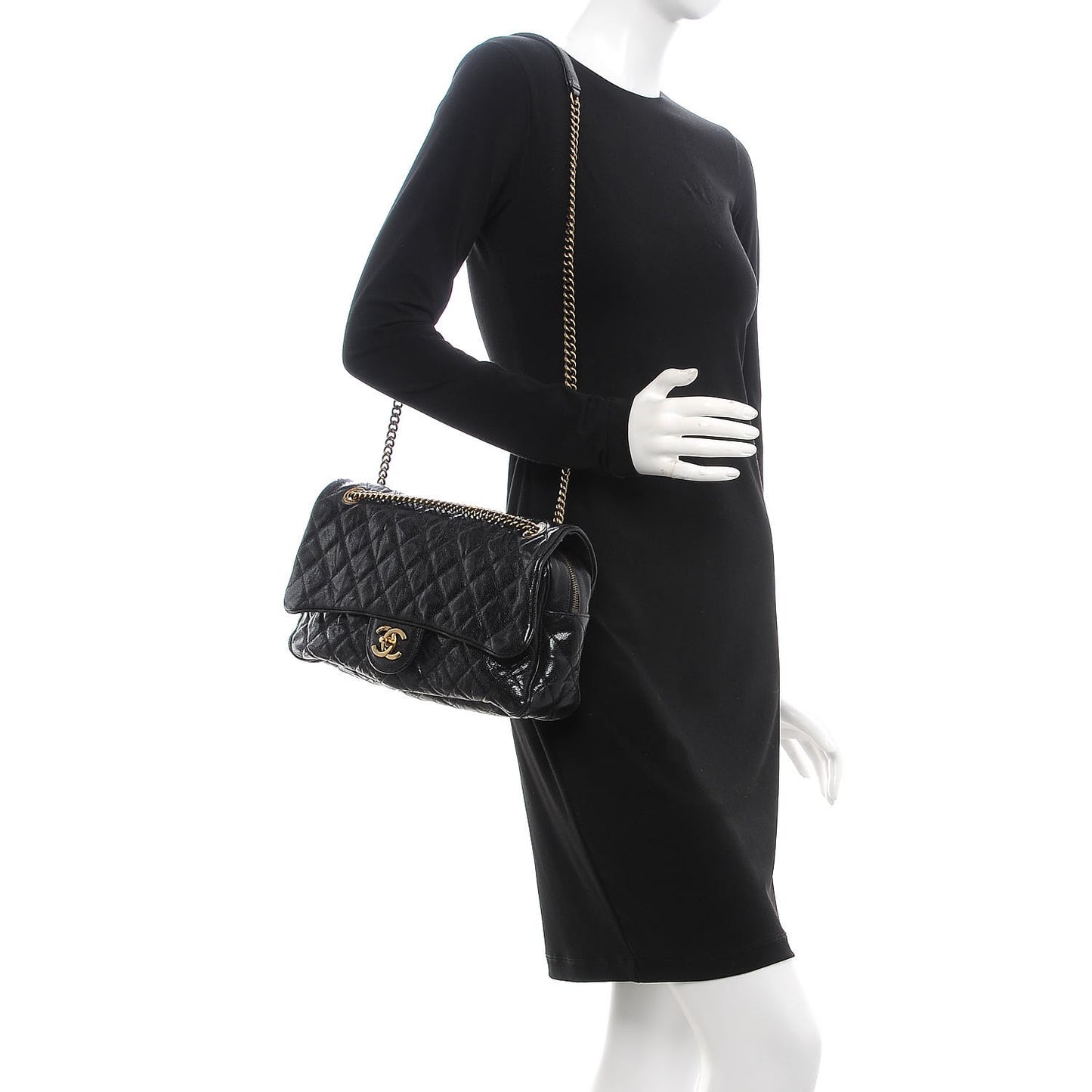 Crumpled Grained Calfskin Quilted Large Shiva Flap Black