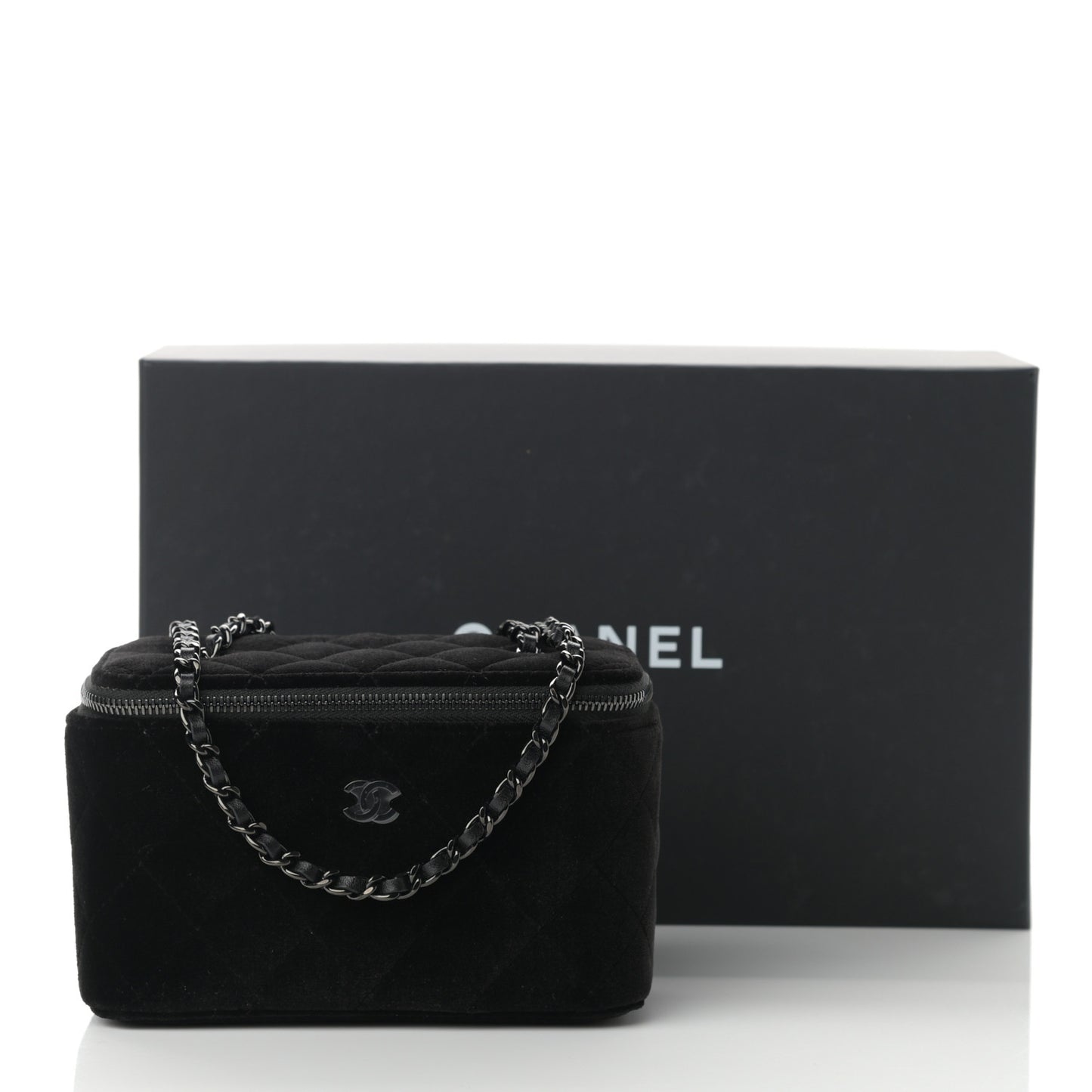 Velvet Quilted Small Vanity Case With Chain Black