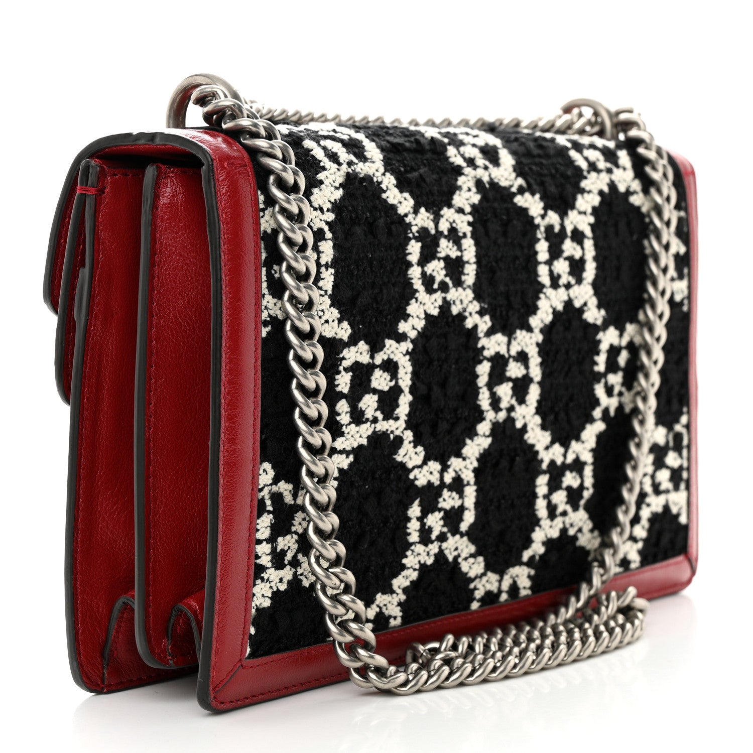 Gucci Tweed GG Monogram Small Dionysus Shoulder Bag Black White Romantic Cherry 3 of 12