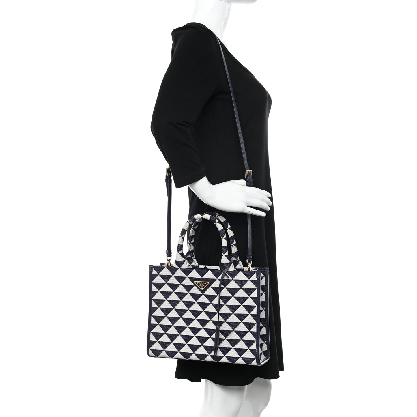Jacquard Saffiano Triangolo Symbole Embroidered Small Tote Baltico Talco