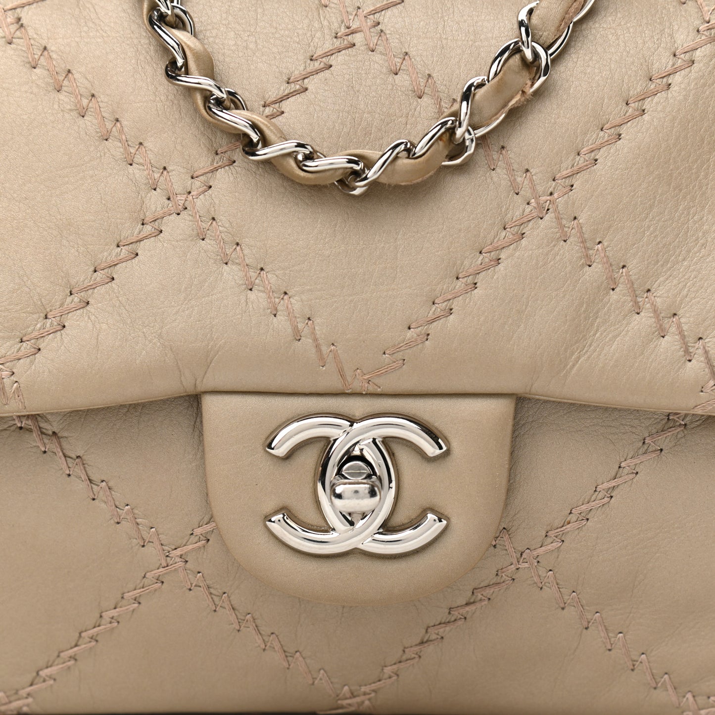 Metallic Lambskin Stitched Mini Flap Beige
