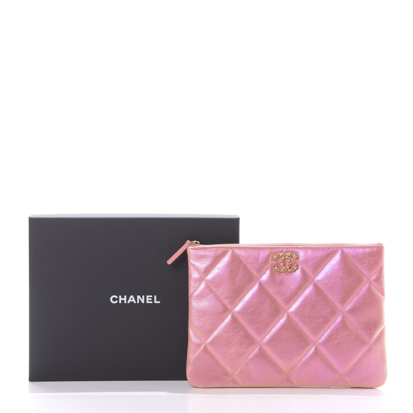 Iridescent Calfskin Quilted Large 19 Pouch Pink
