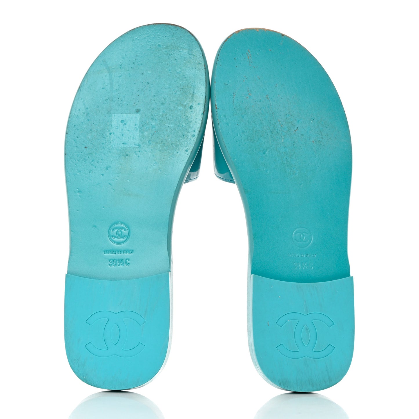 Patent Calfskin CC Slip On Mules 38.5 Turquoise