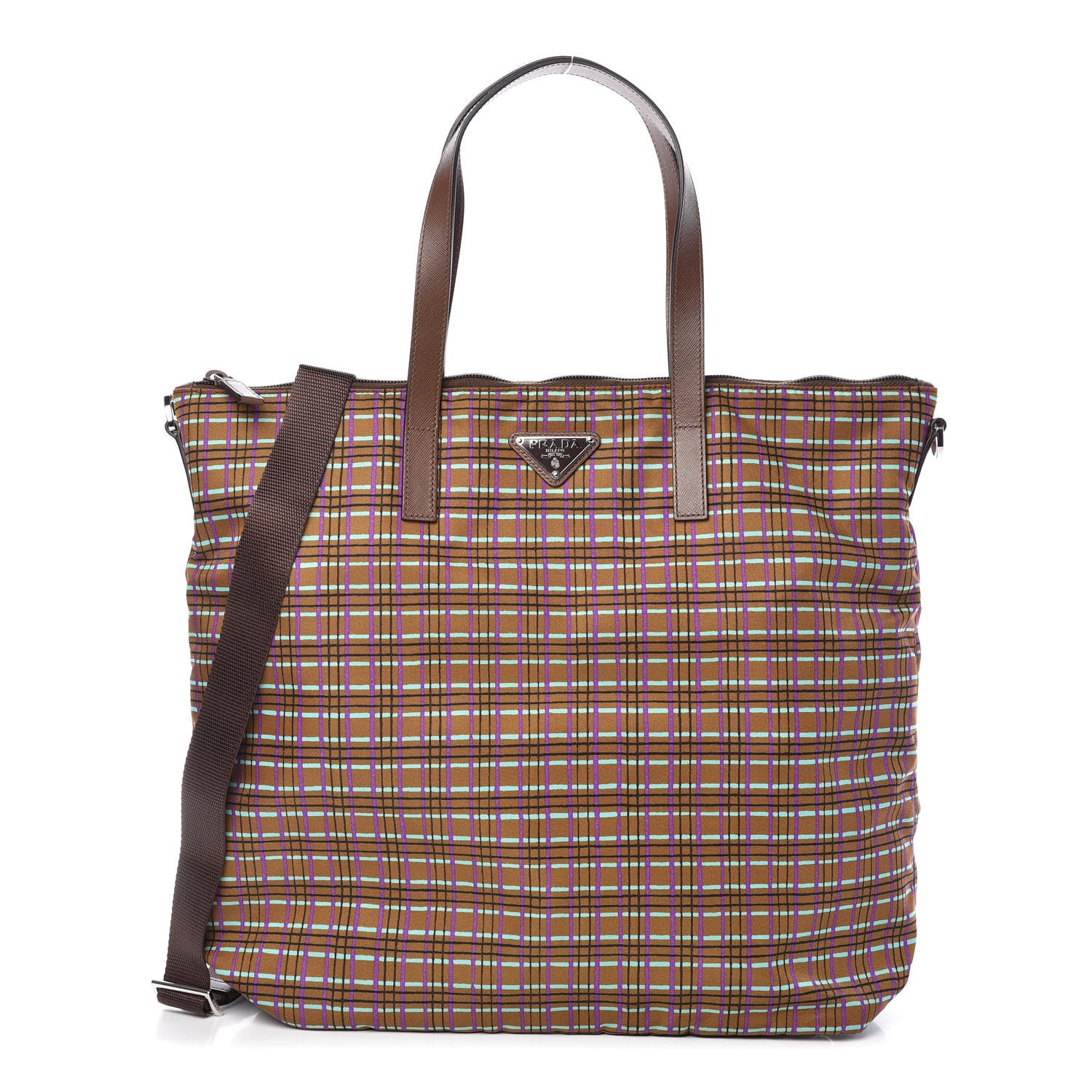 Prada Tessuto Stampato Nylon Saffiano Check Print Tote Viola 1 of 10