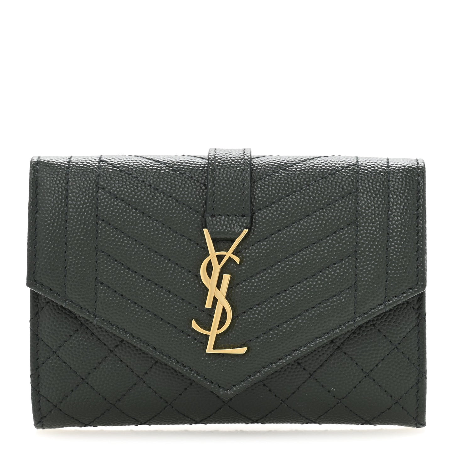 Grain De Poudre Textured Mixed Matelasse Triquilt Small Monogram Envelope Wallet Dark Green