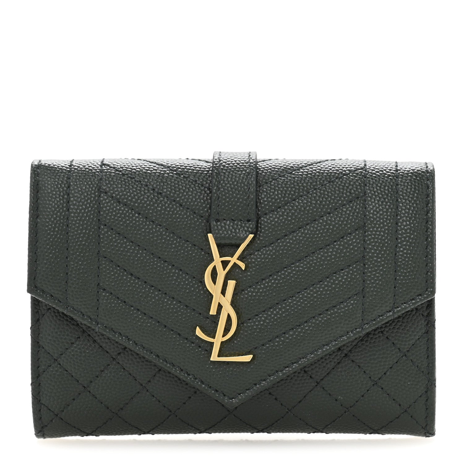 Saint Laurent Grain De Poudre Textured Mixed Matelasse Triquilt Small Monogram Envelope Wallet Dark Green 1 of 10
