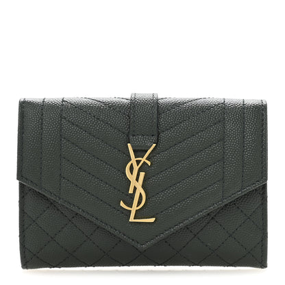 Saint Laurent Grain De Poudre Textured Mixed Matelasse Triquilt Small Monogram Envelope Wallet Dark Green 1 of 10