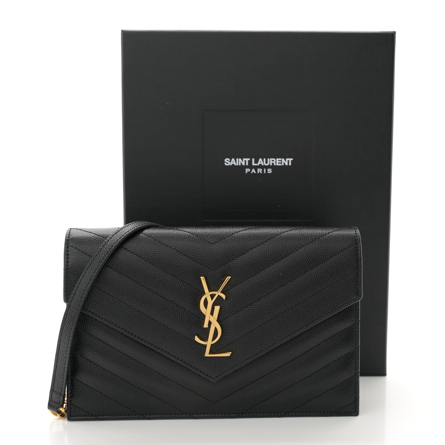 Saint Laurent Grain De Poudre Matelasse Chevron Monogram Envelope Chain Wallet Black 13 of 13