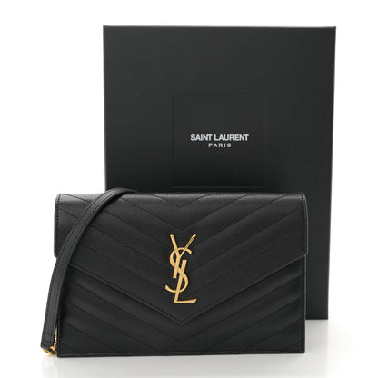 Saint Laurent Grain De Poudre Matelasse Chevron Monogram Envelope Chain Wallet Black 13 of 13
