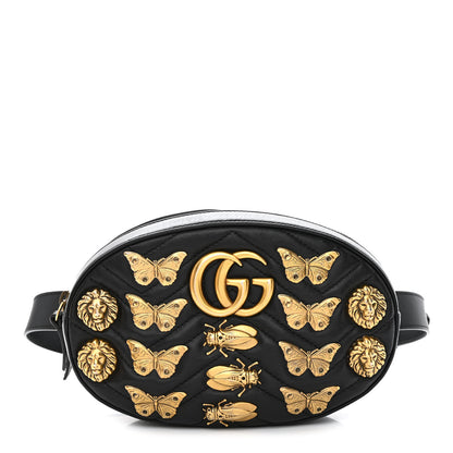 Gucci Calfskin Matelasse Animal Studs GG Marmont Belt Bag 85 34 Black 1 of 13