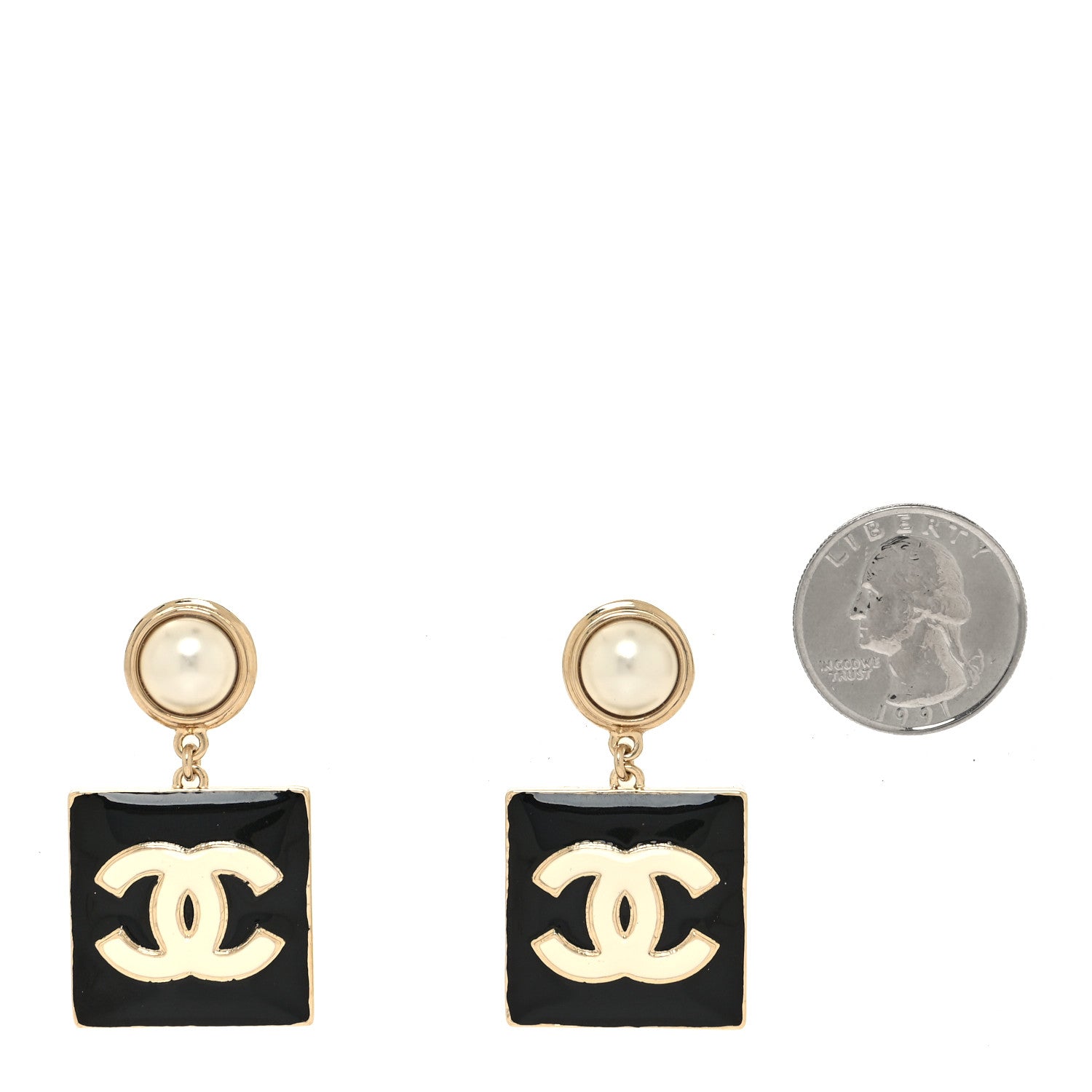 Chanel Metal Enamel Pearl Square CC Drop Earrings Gold Black White 2 of 4