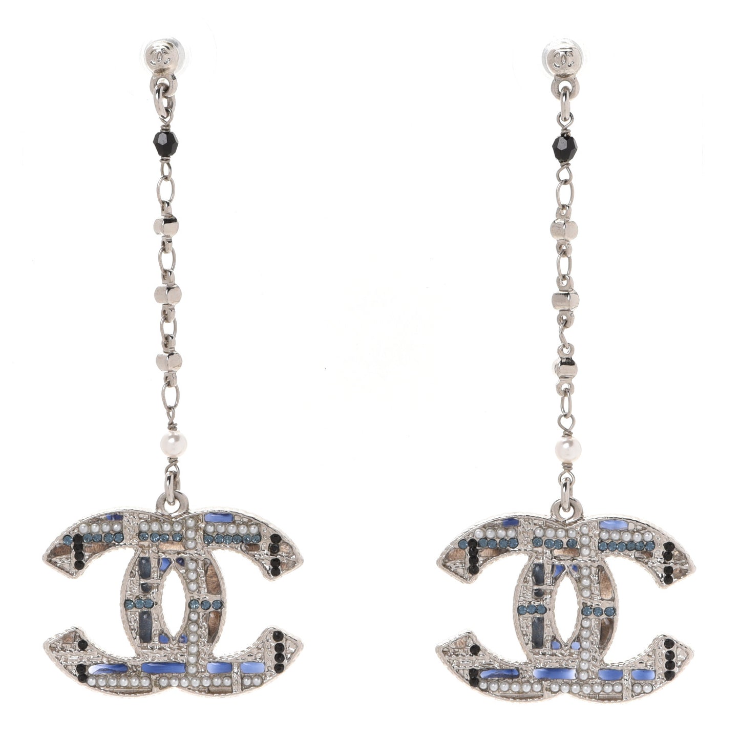 Pearl Crystal CC Tweed Drop Earrings Silver Blue Black
