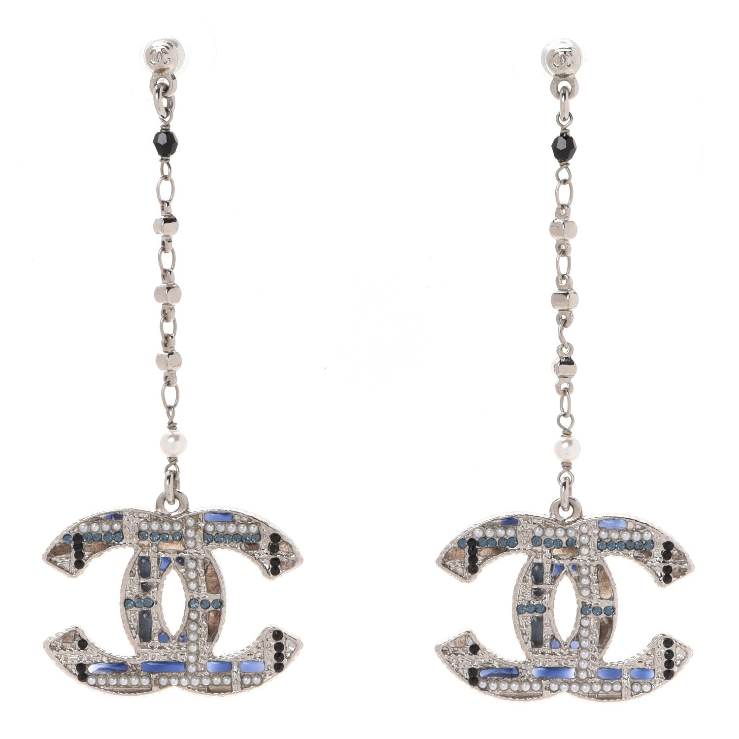 Chanel Pearl Crystal CC Tweed Drop Earrings Silver Blue Black 1 of 4