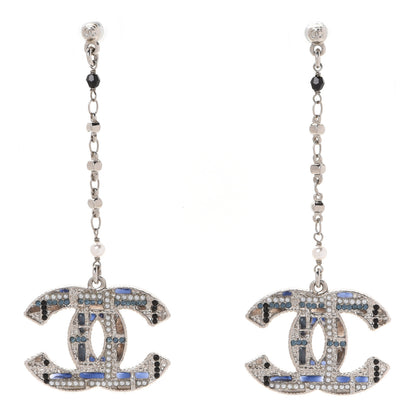 Chanel Pearl Crystal CC Tweed Drop Earrings Silver Blue Black 1 of 4