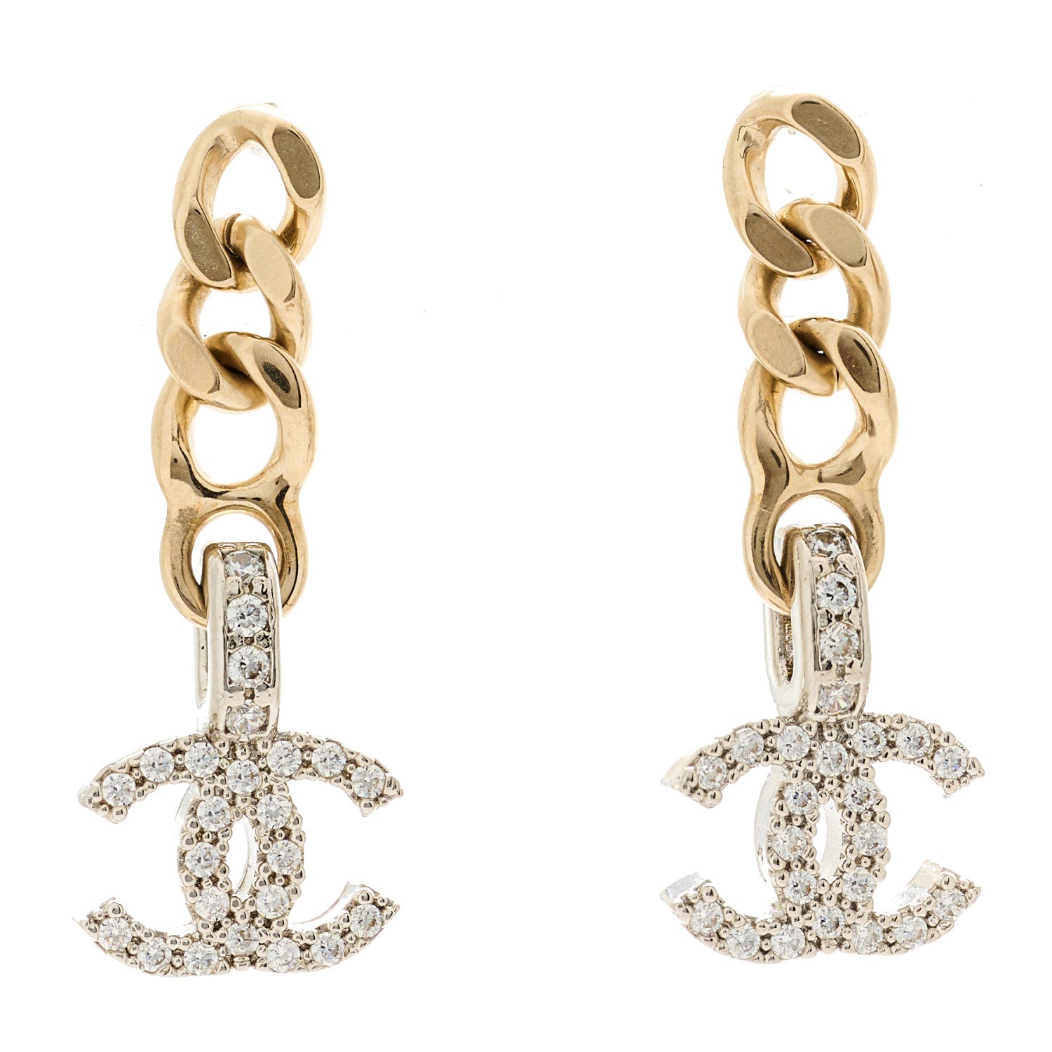 Chanel Metal Crystal CC Chain Drop Earrings Gold 1 of 5