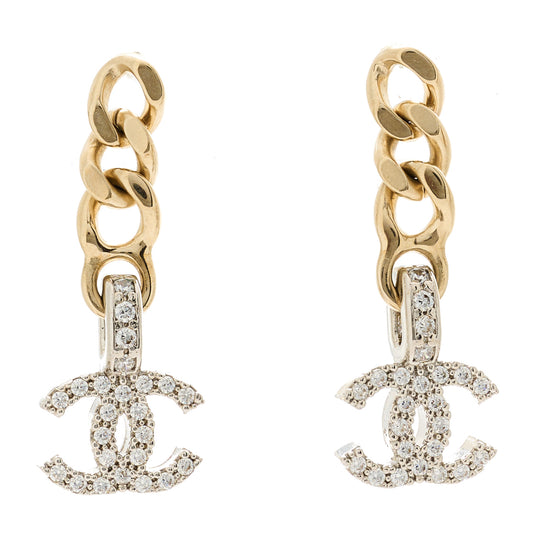 Metal Crystal CC Chain Drop Earrings Gold