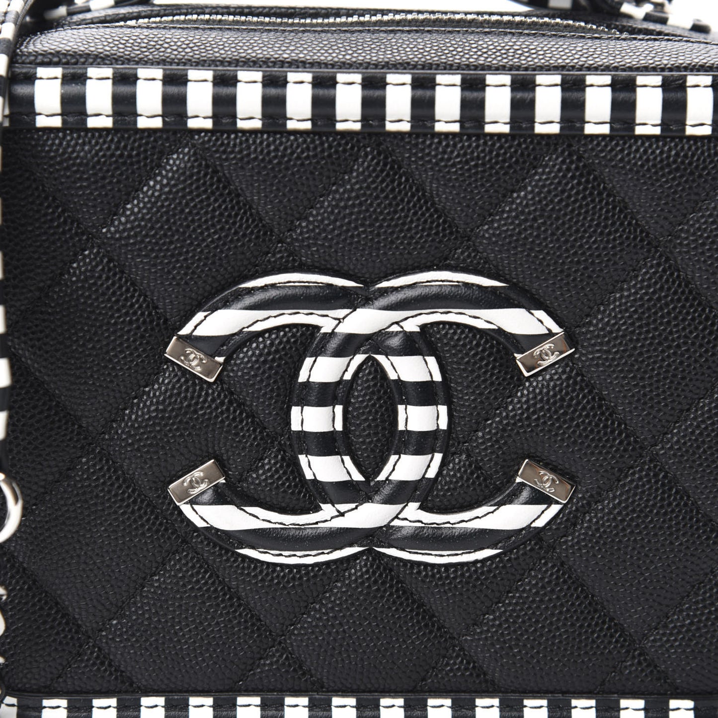 Caviar Quilted Striped Small CC Filigree Vanity Case Black White
