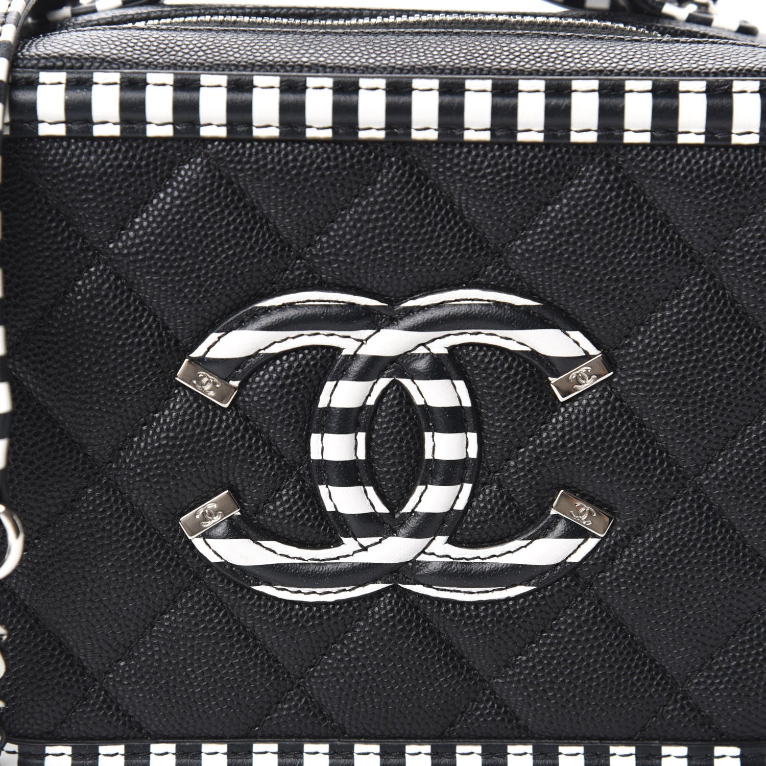 Chanel Caviar Quilted Striped Small CC Filigree Vanity Case Black White 10 of 10