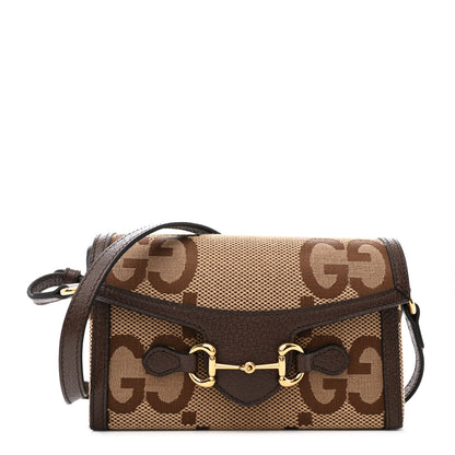 Gucci Monogram Jumbo GG Textured Dollar Calfskin Mini Horsebit 1955 Shoulder Bag Camel Ebony New Acero 1 of 10