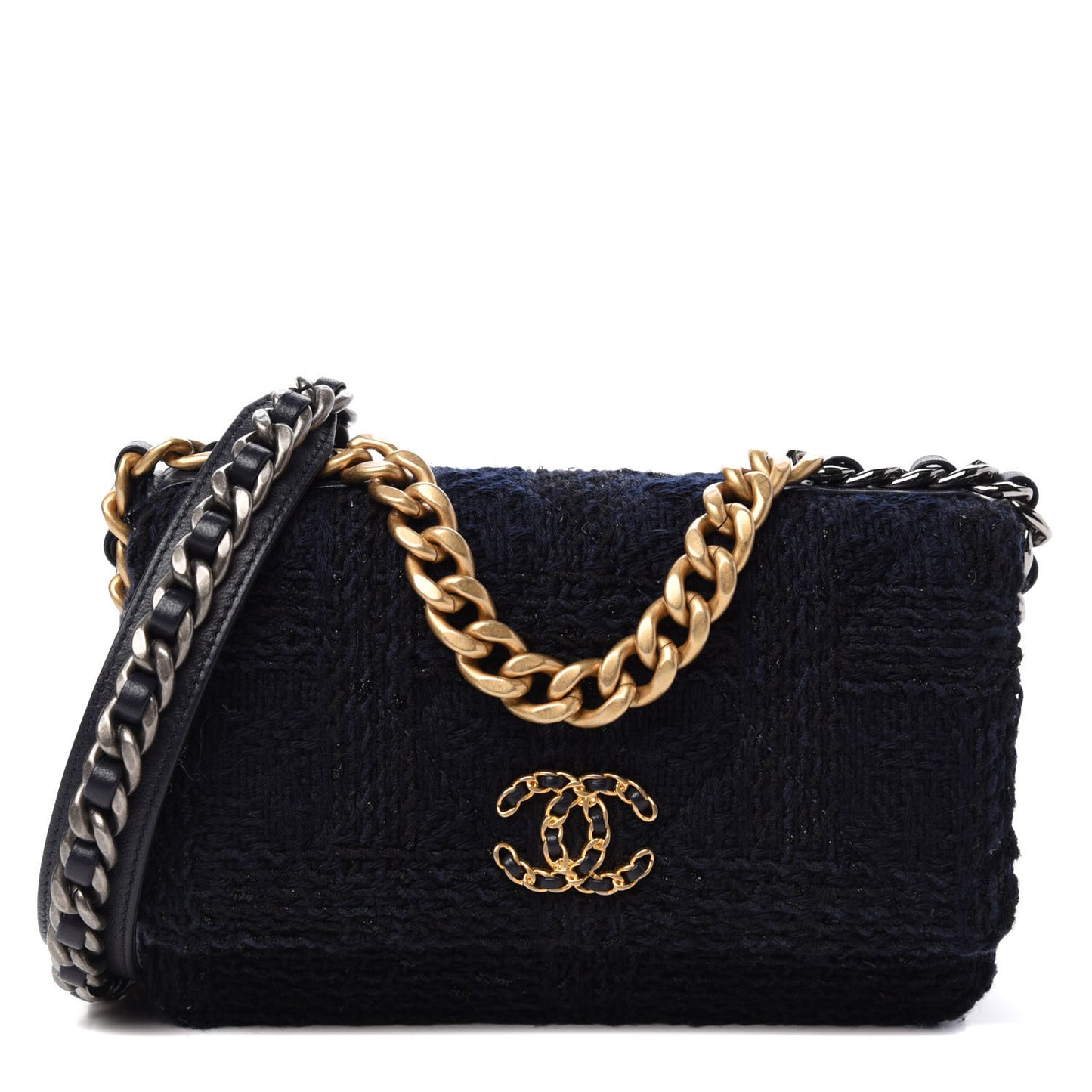 Wool Tweed Lambskin Quilted Chanel 19 Wallet On Chain WOC Blue Black