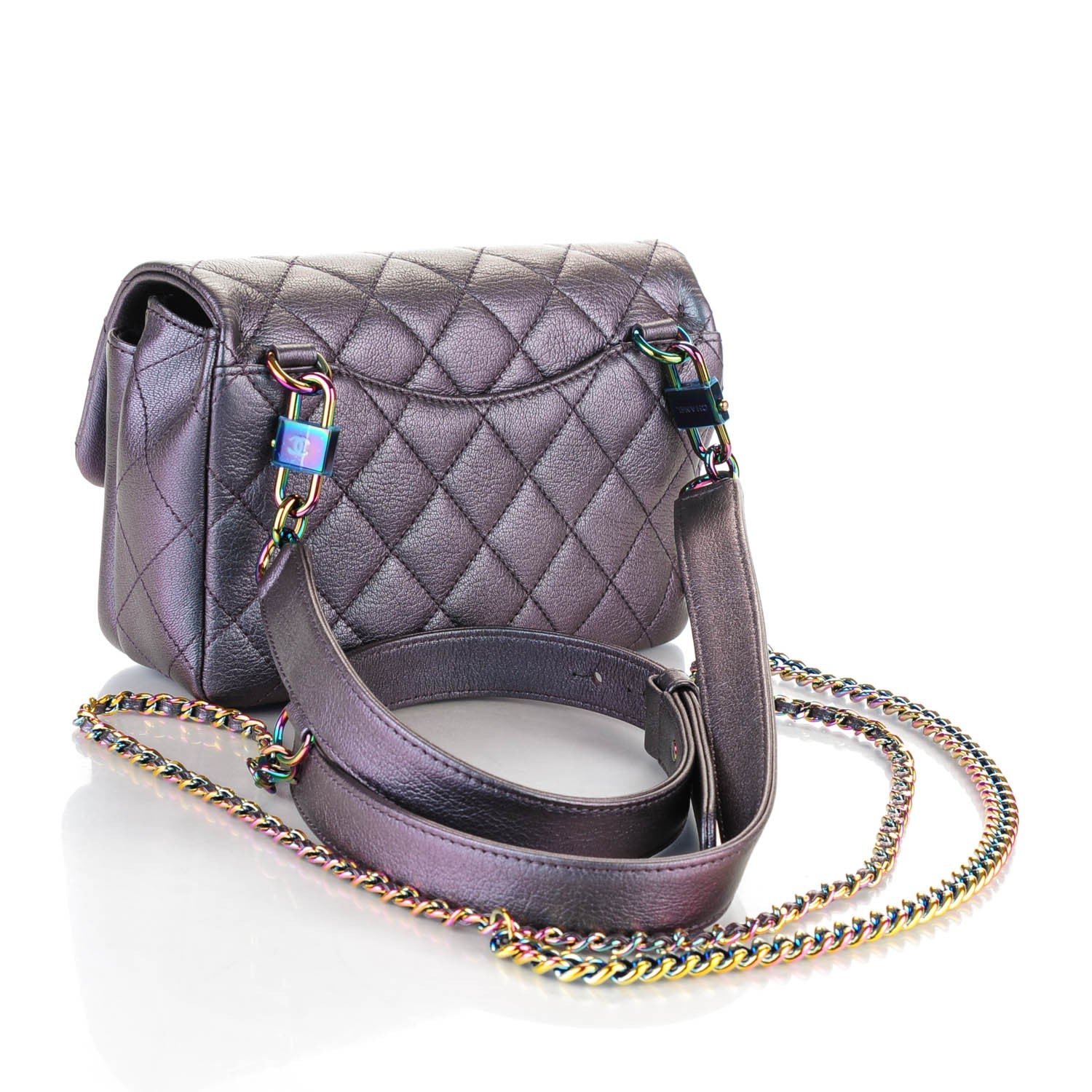 Chanel Iridescent Goatskin Quilted Small Double Carry Waist Chain Flap Purple 3 of 7