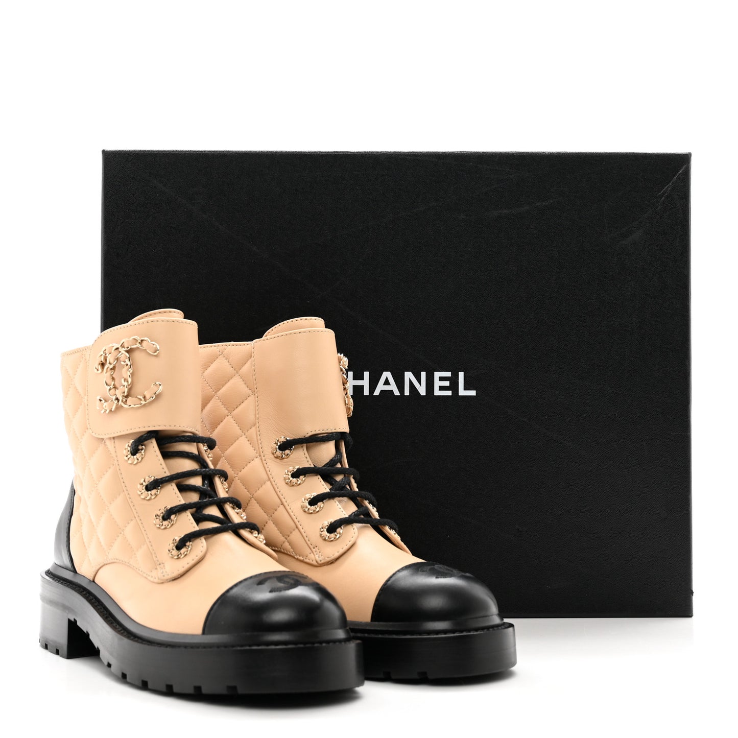 Lambskin Calfskin Quilted Lace Up Combat Boots 36 Beige Black