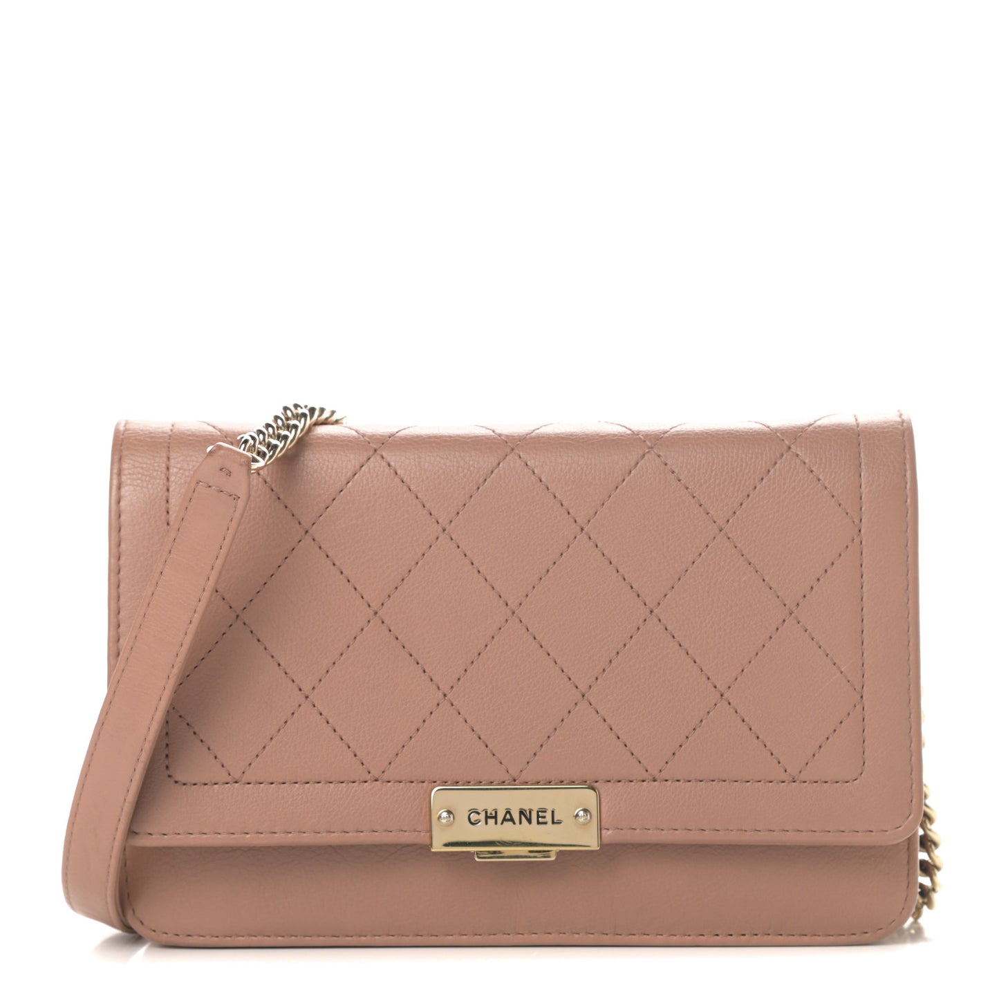 Grained Calfskin Quilted Label Click Flap Wallet On Chain WOC Pink