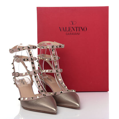 Valentino Garavani Metallic Pebbled Calfskin Rockstud Ankle Strap 65mm Pumps 38 Skin Poudre 10 of 10
