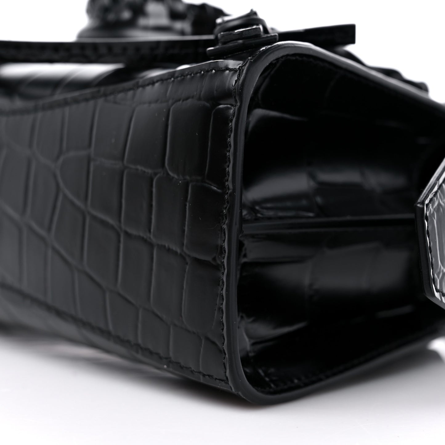 Semi Shiny Calfskin Crocodile Embossed Neo Classic Black Hardware Nano City Crossbody Black