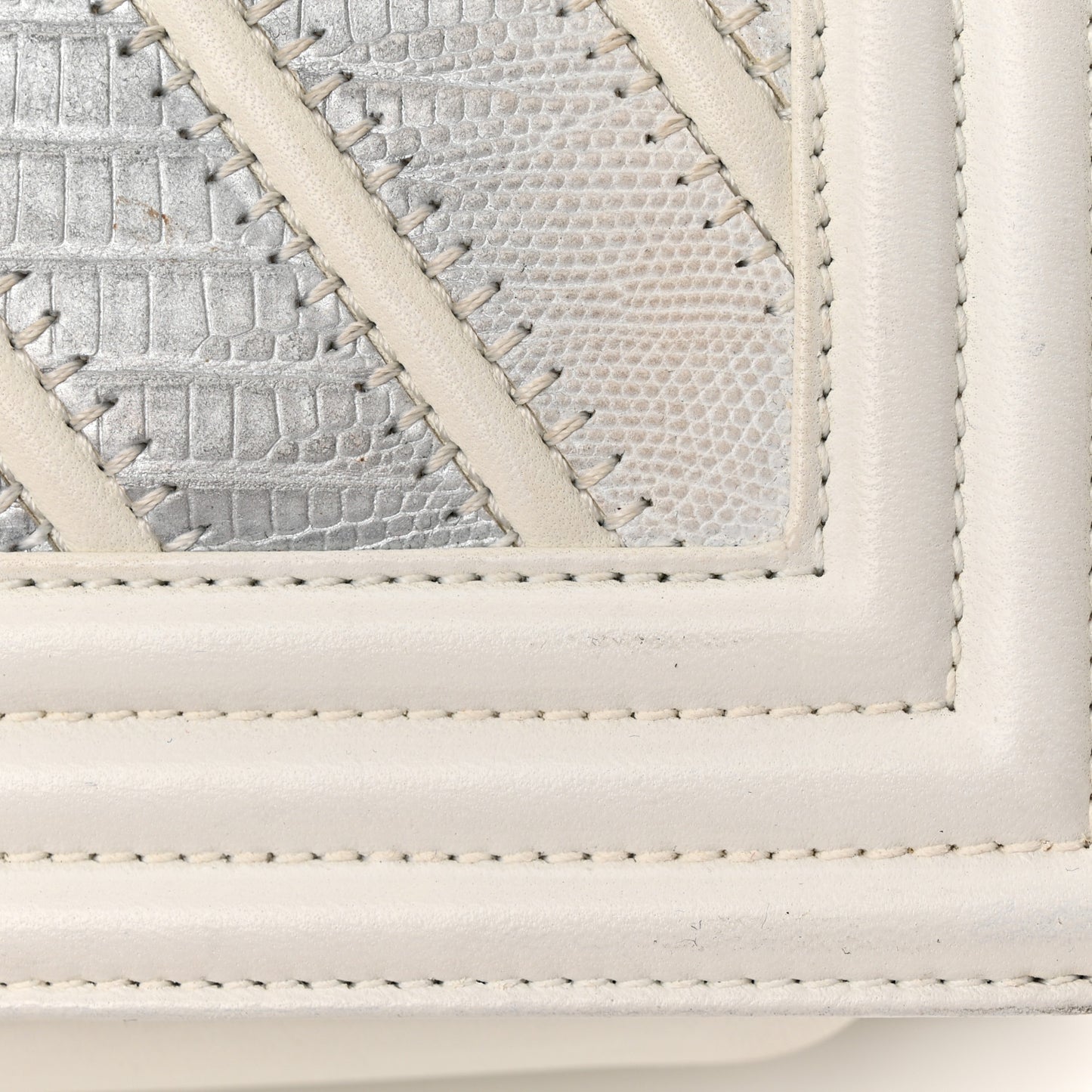 Lizard Chevron Stitched Small Boy Flap White Silver