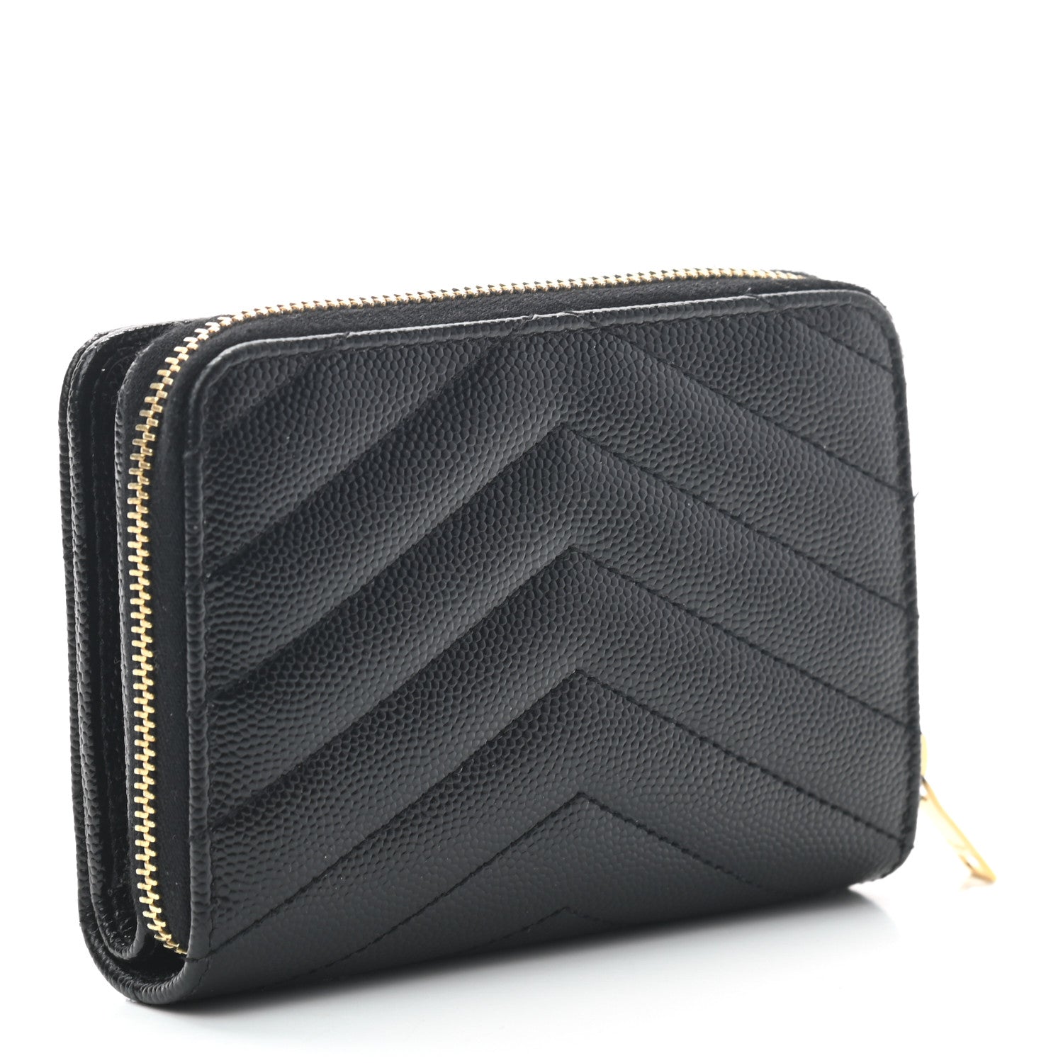 Saint Laurent Grain De Poudre Matelasse Chevron Monogram Compact Zip Around Wallet Black 3 of 7