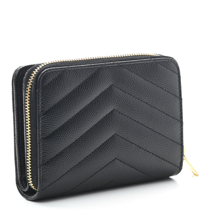 Saint Laurent Grain De Poudre Matelasse Chevron Monogram Compact Zip Around Wallet Black 3 of 7