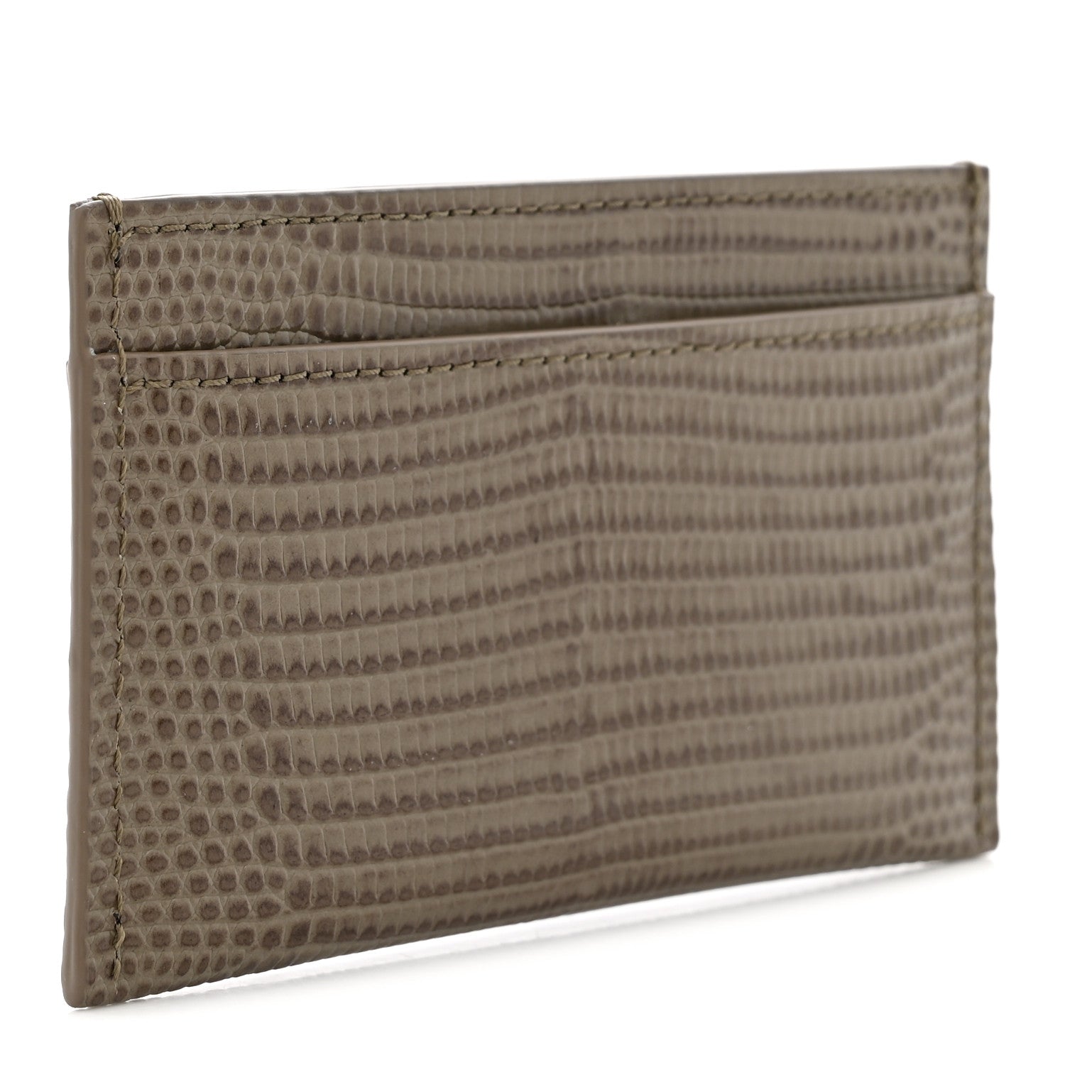 Chanel Calfskin Lizard Embossed Card Holder Gold Dark Khaki