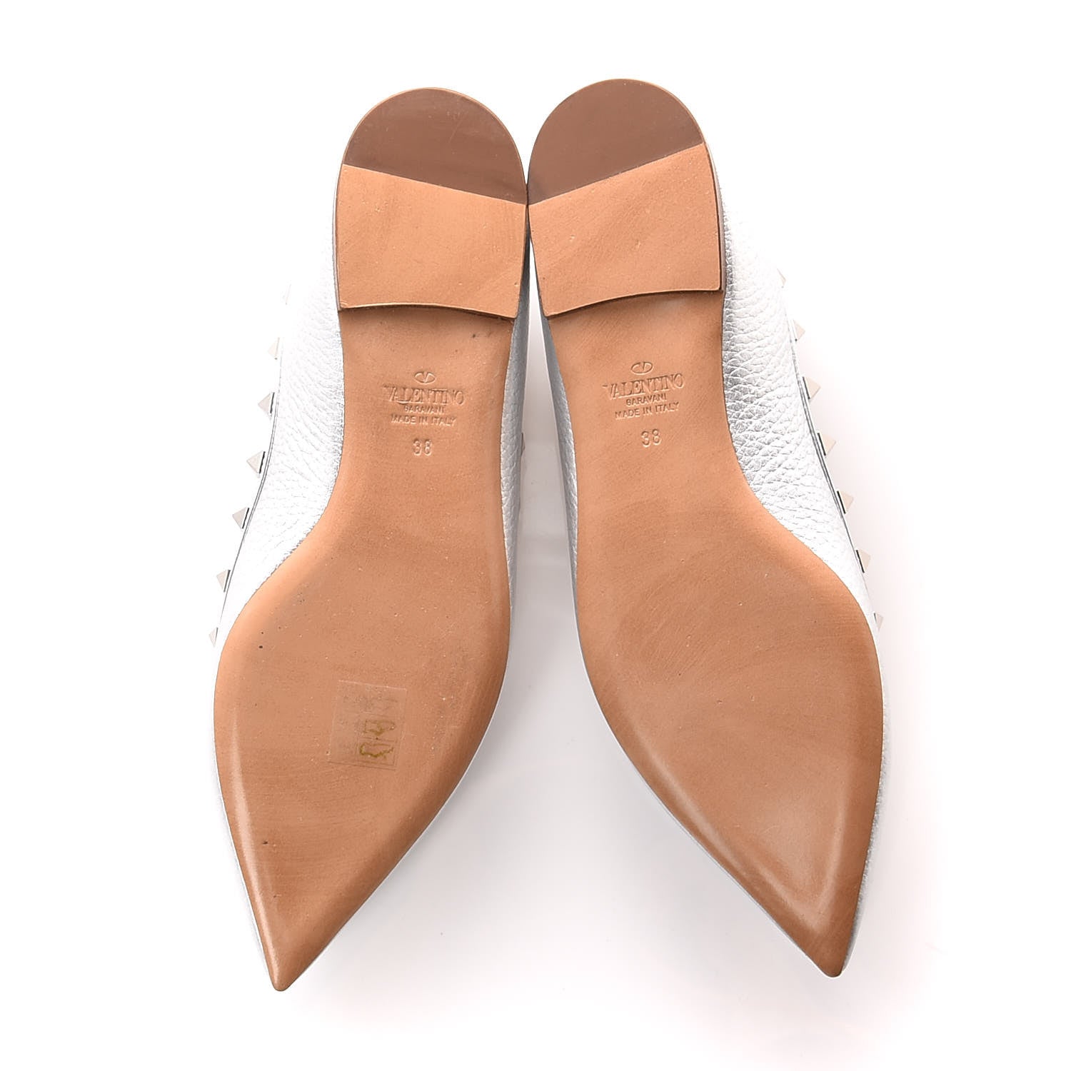 Valentino Garavani Metallic Pebbled Calfskin Rockstud Ballerina Flats 38 Silver 5 of 8