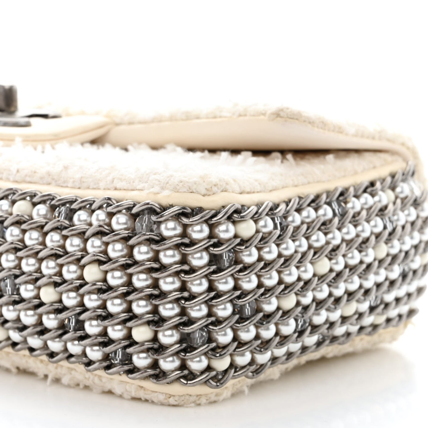 Tweed Quilted Mini Side Pearl Flap Bag Ecru White