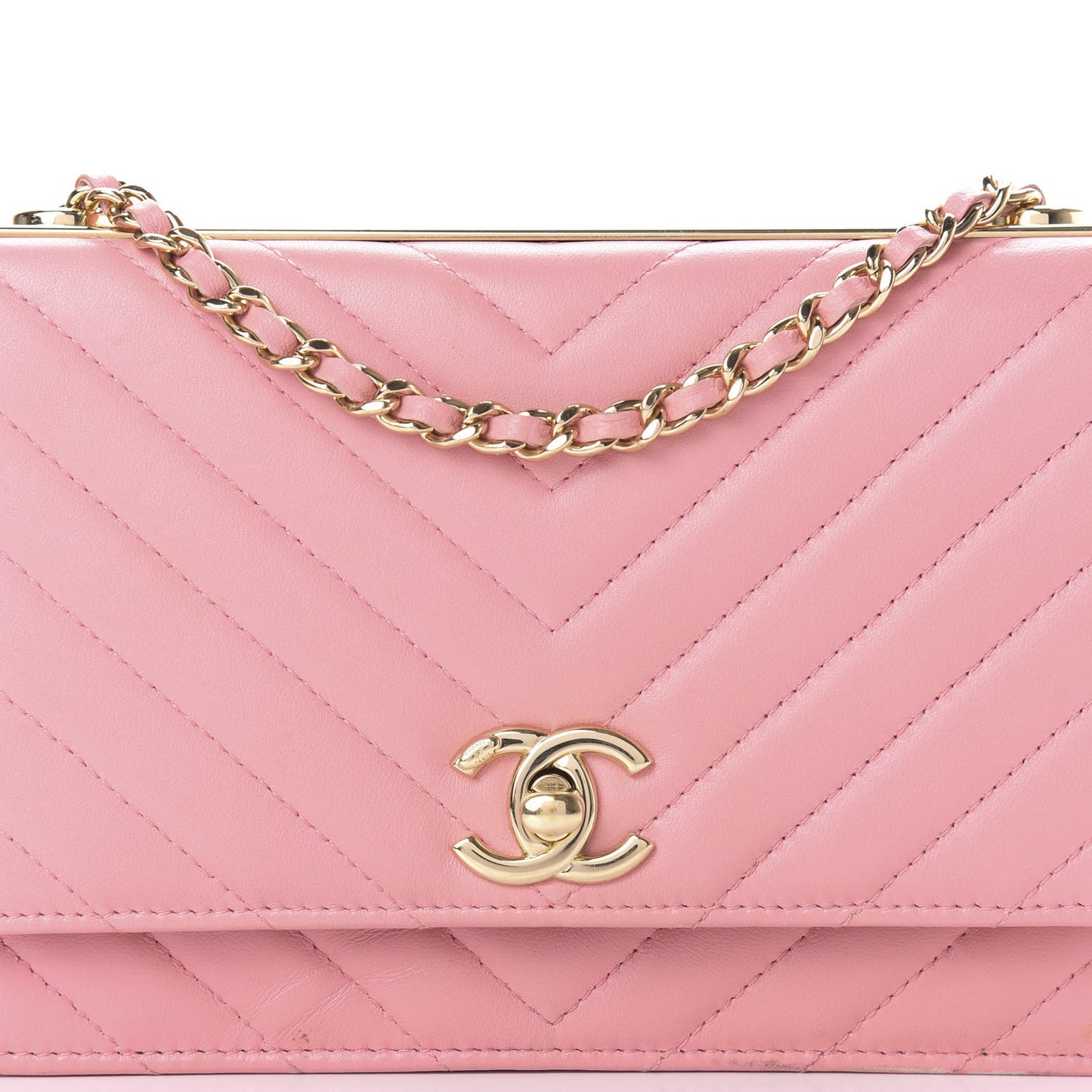 Lambskin Chevron Quilted Trendy CC Wallet On Chain WOC Pink