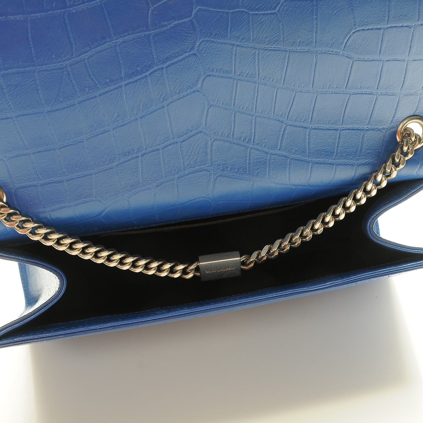 Calfskin Crocodile Embossed Medium Classic Monogram Kate Tassel Satchel Bleu Majorelle