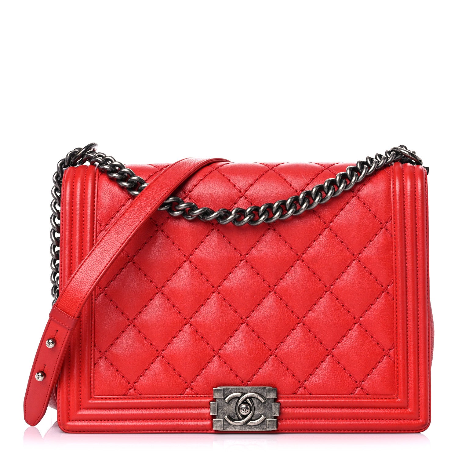 Chanel Calfskin Quilted Double Stitch Large Boy Flap Red 1 of 22