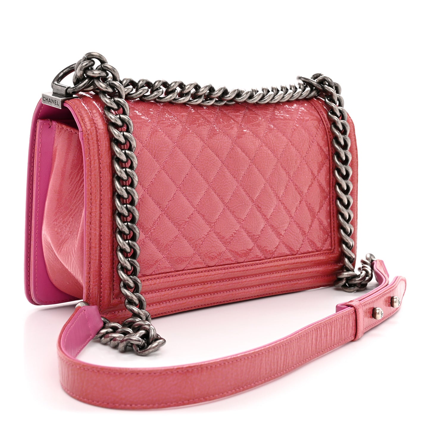 Distressed Patent Quilted Medium Boy Flap Pink