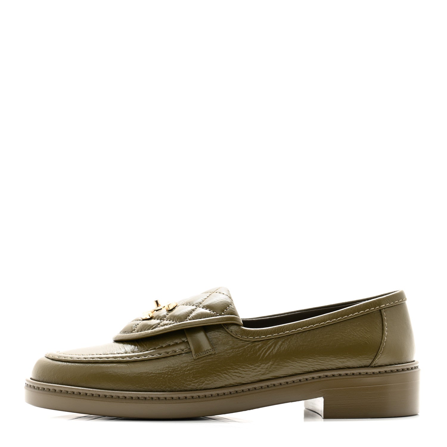 Chanel Shiny Crumpled Lambskin Quilted CC Turnlock Moccasins 38 Khaki 1 of 10