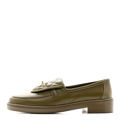 Chanel Shiny Crumpled Lambskin Quilted CC Turnlock Moccasins 38 Khaki 1 of 10