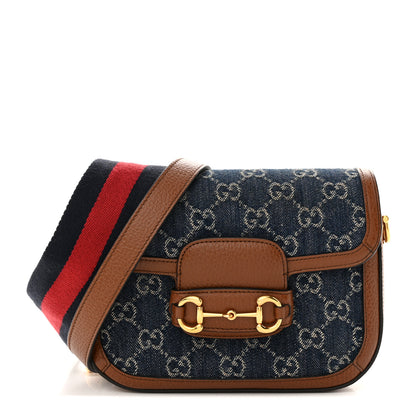 Gucci New Denim GG Monogram Dollar Calfskin Web Mini Horsebit 1955 Shoulder Bag Blue Tea Cuir Epilog 1 of 12