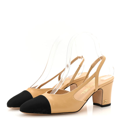 Chanel Goatskin Grosgrain Cap Toe CC Slingback Pumps 37 Beige Black 4 of 9