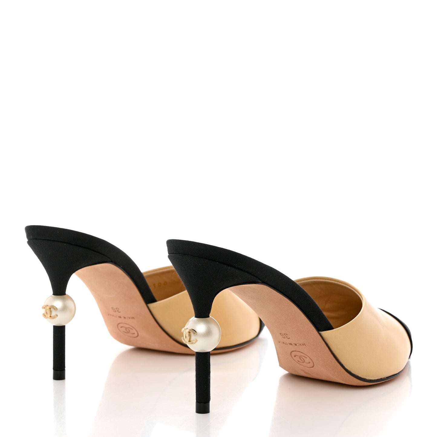 Goatskin Grosgrain Cap Toe Pearl Mule 36 Beige Black
